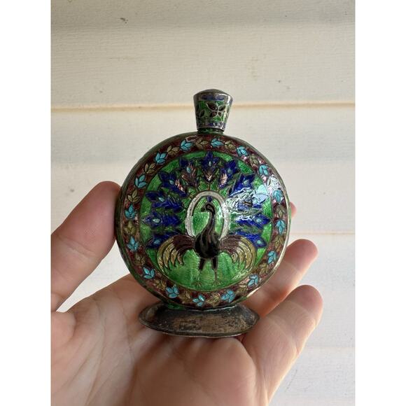 VINTAGE PAINTED ENAMELED INDIAN CLOISONNÉ PERFUME BOTTLE DAUBER 925 Ster SILVER - Picture 3 of 13